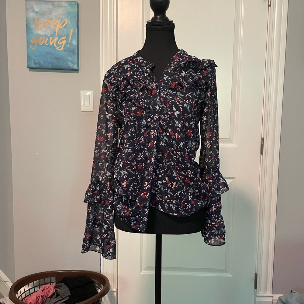 Walter Baker Navy Floral Ruffle Blouse
